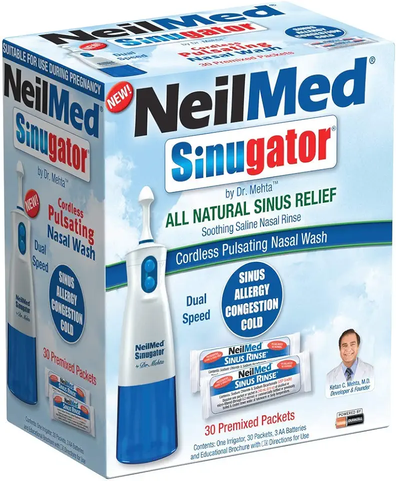NeilMed Sinugator Cordless Pulsating Nasal Wash Kit with One Irrigator, 3 AA Batteries, 30 Premixed Packets (Pack of 36)