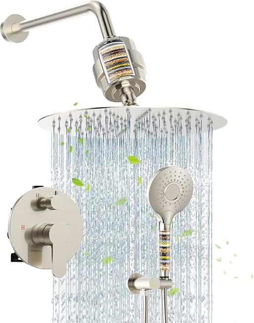 SunCleanse Shower System - 12 Inch Dual Filtered Rainfall Shower Head Combo- High Pressure 3 Spray Mode Showerhead-Included Rough in Valve and Trim Kit, Brushed Nickel