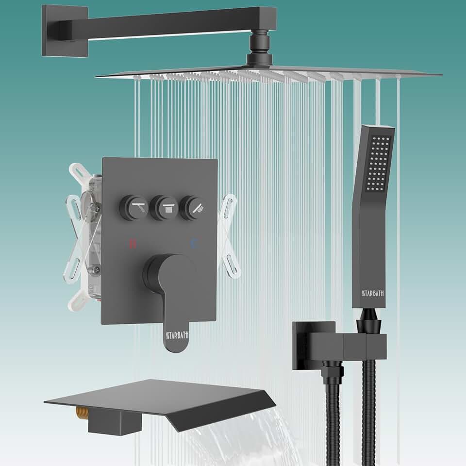 Shower System with Tub Spout STARBATH Black Shower System with Spout Push Button Wall Mounted 12 Inch Shower Faucet Set with Spout
