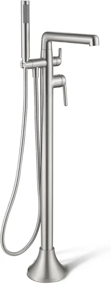 Free Standing Tub Faucet, TACUET Brass Freestanding Bathtub Faucet, Floor Mount Tub Filler Standing High Flow Shower Faucets Shower Mixer Taps, Swivel Spout with Cylinder Handheld - Brushed Nickel