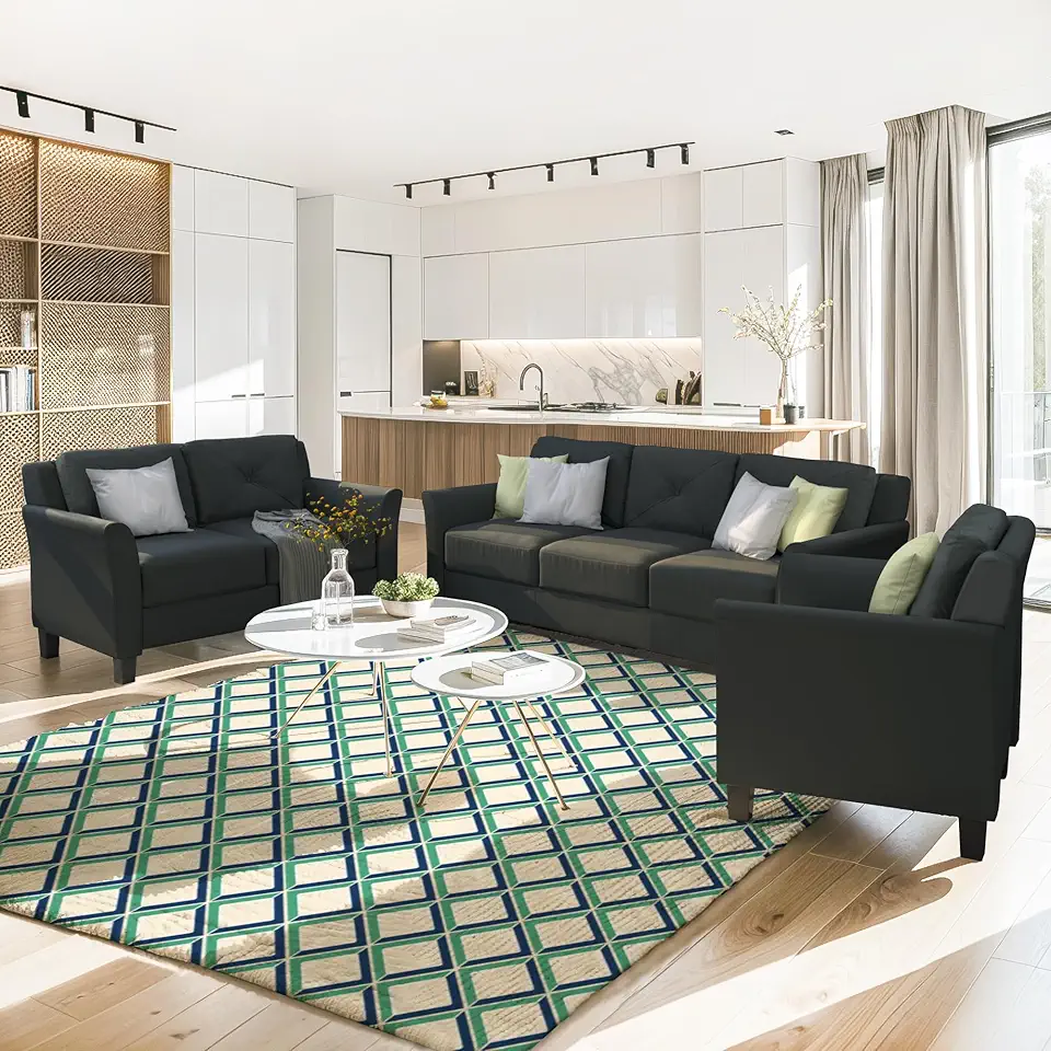 EMKK 3Piece Sectional Sofa Couch for Living Room,Modern Button Tufted Sectional Couch Set with Upholstered Sofa, Loveseat and Armchair,Living Room Furniture Sets