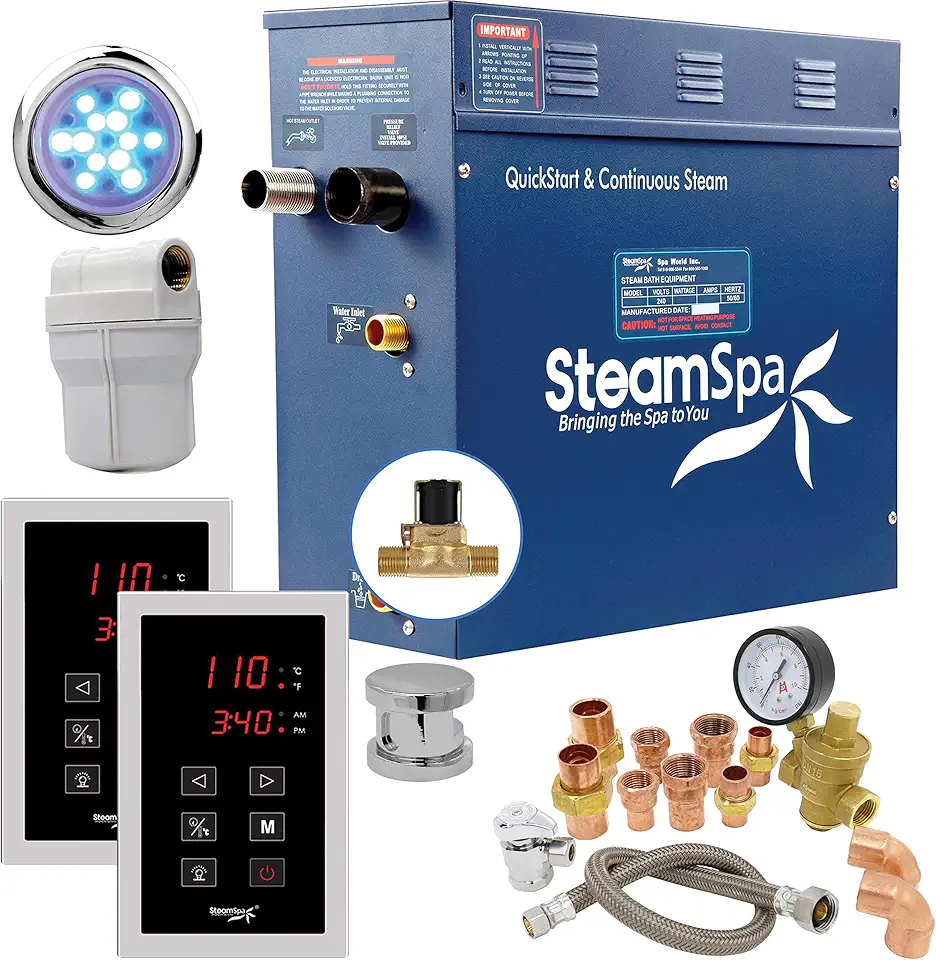 SteamSpa 6kW Steam Sauna Generator Executive Bundle 240V Steam Generator with Touch Pad, Steamheads, Pressure Relief Valve, Built-in Auto Drain, LED Light, Filter and Quick Install Kit EXT600CH-A