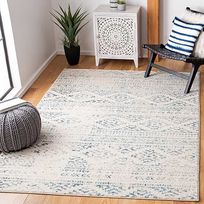 SAFAVIEH Tulum Collection 8' Square Ivory/Turquoise TUL272E Moroccan Boho Tribal Non-Shedding Area Rug