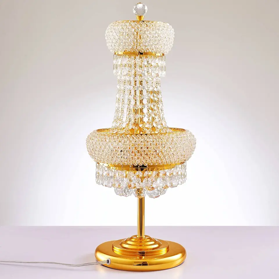 6-Lights Golden Finish Classic Empire Style K9 Crystal Ball Bedside Desk Table Lamp Night Light Fixture for Living Room Dining Room Bedroom Office Home Table Decoration (W 10 × H 22 inch)