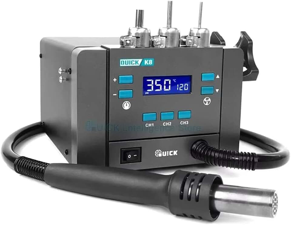 Quick K8 1000W Digital Hot Air Rework Station with LCD Display Fast Desoldering Automatic Sleep Smart BGA Heat Gun Soldering Station with 3 Nozzles For Motherboard PCB IC SMD Welding Repair Tool