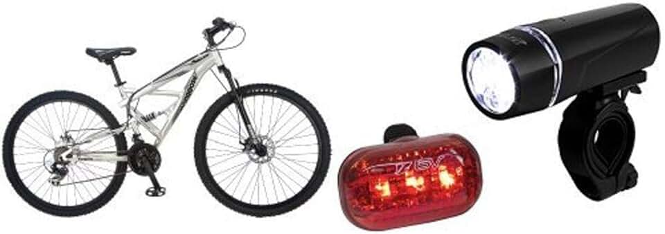 Mongoose Impasse Dual Full Suspension Bicycle (29-Inch) and BV Bicycle Light Set Super Bright 5 LED Headlight, 3 LED Taillight, Quick-Release Bundle