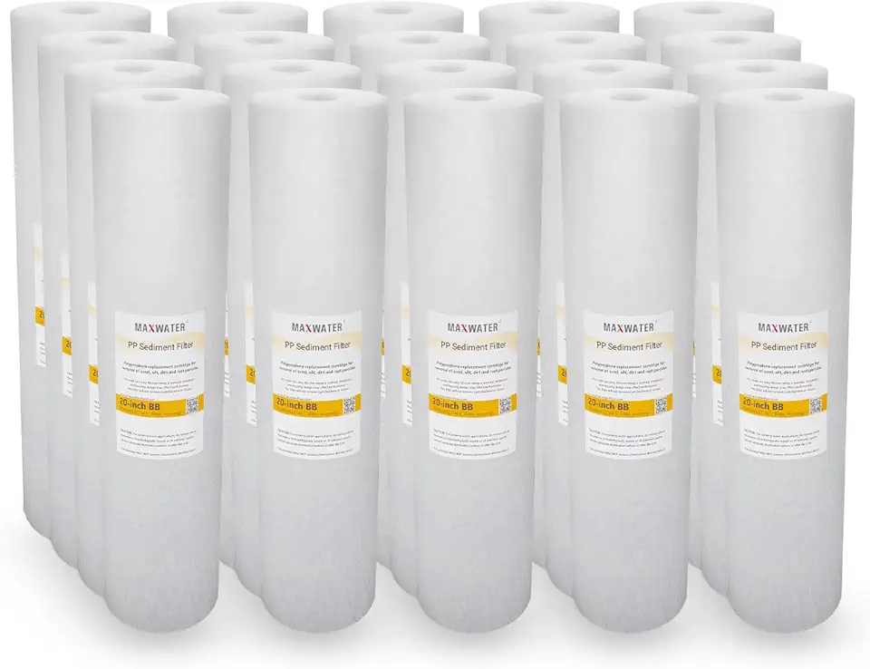 Max Water 20 inch x 4.5 inch, 5 Micron Replacement Sediment Water Filter Cartridge for Whole House, Melt Blown Filtration Fiber for Heavy Duty (Pack of 20)