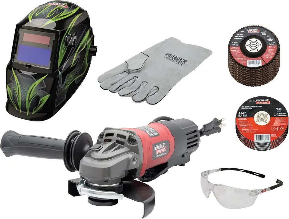 Lincoln Electric K5594-2 11 Amp Angle Grinder Helmet Kit with 10 Cut-off Wheels, 10 Flap Discs, Safety Glasses and Welding Gloves