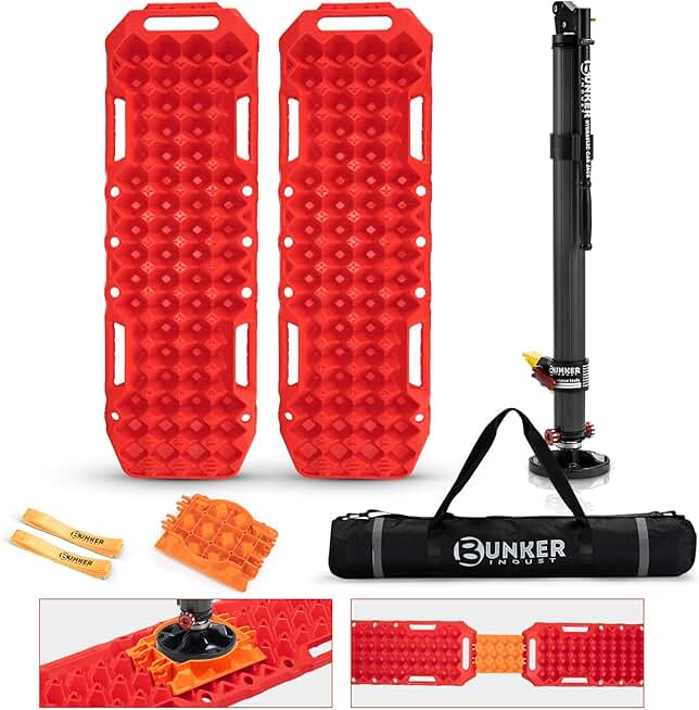 BUNKER INDUST Pair Traction Boards with Jack Lift Base Red + Hydraulic Lift Jack