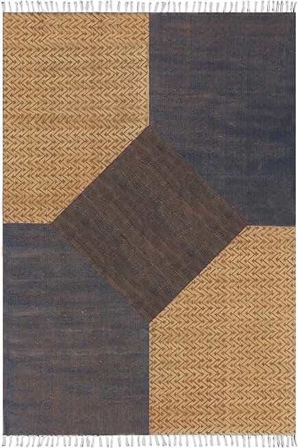 Kilim Rug 12x15 Area Rug Flatweave Area Rug Washable Cotton Rug Brown Blue Cotton Dhurrie Boho Rugs for Large Area Bedroom Rug Living Room Dining Table Room