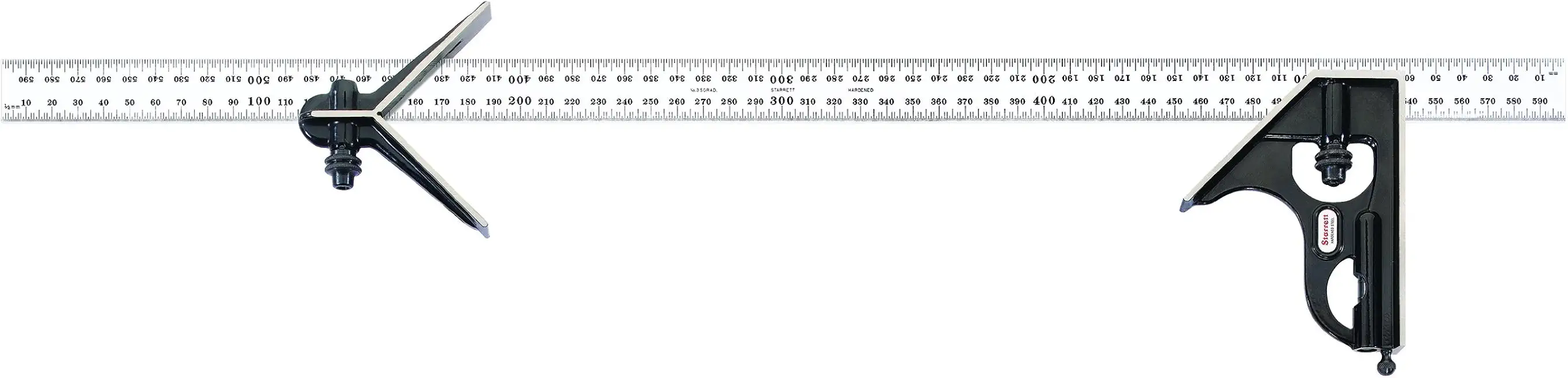Starrett C33MHC-600 Forged, Hardened Steel Square And Center Heads With Satin Chrome Blade Combination Square, Smooth Black Enamel Finish, 600mm Size