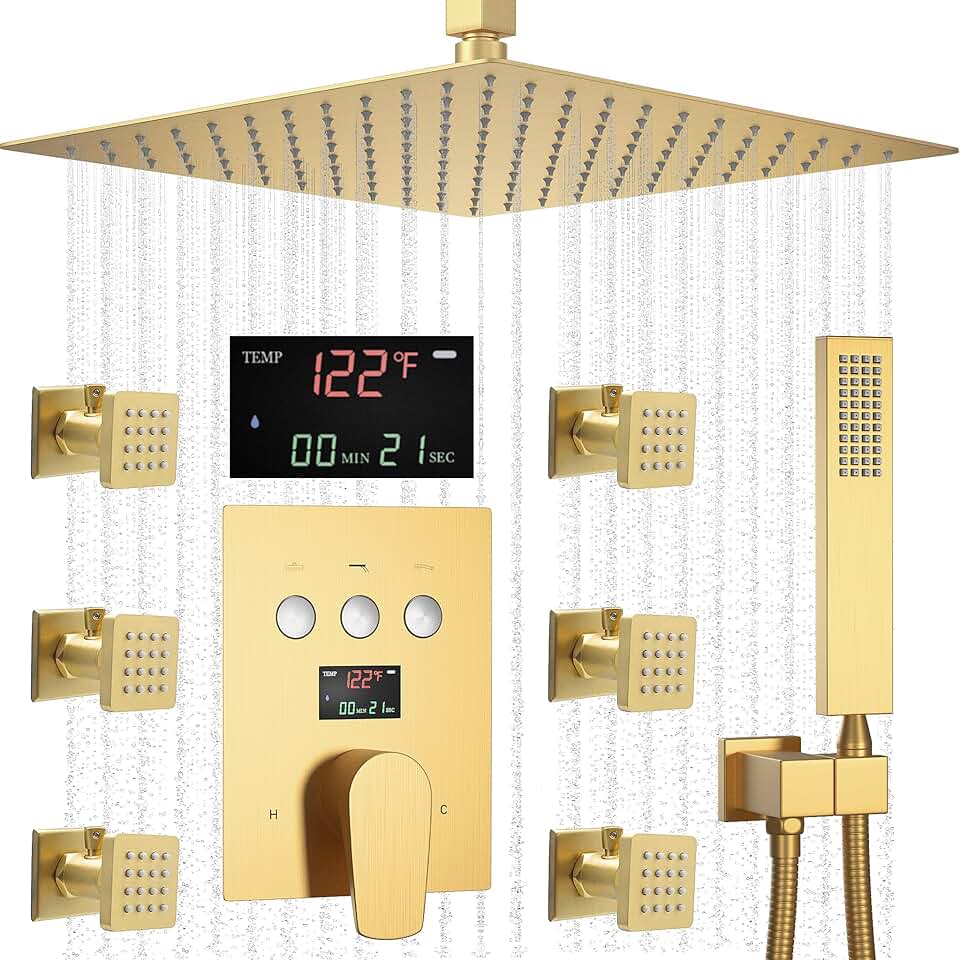 AYIVG Brushed Gold Shower System with Adjustable Body Jets Ceiling Mounted 12 Inch Rain Shower Head and Handheld Spray Combo Set Temperature Display Full Body Shower System