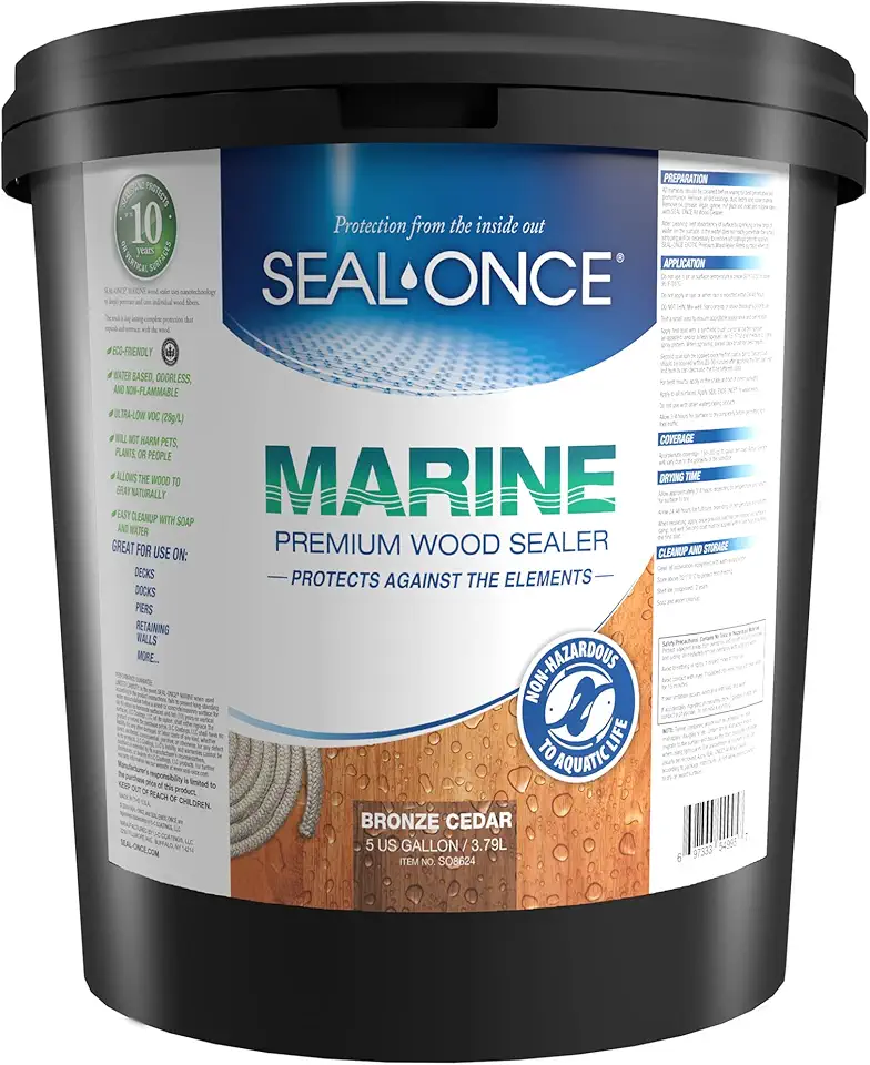 Seal-Once Marine Premium Wood Sealer - Waterproof Sealant - Wood Stain and Sealer in One - 5 Gallon & Bronze Cedar
