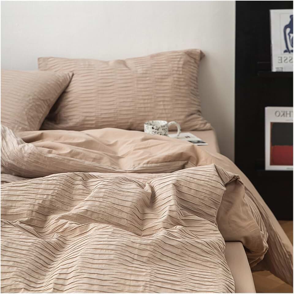 Duvet Cover Set Crinkle Yarn Cotton 4-Piece Set, Bubble Yarn Skin-Friendly Washed Cotton Simple Solid Colour Bedding, Breathable and Durable Soft and Comfortable Duvet Cover Full (Color : Bruin, Siz