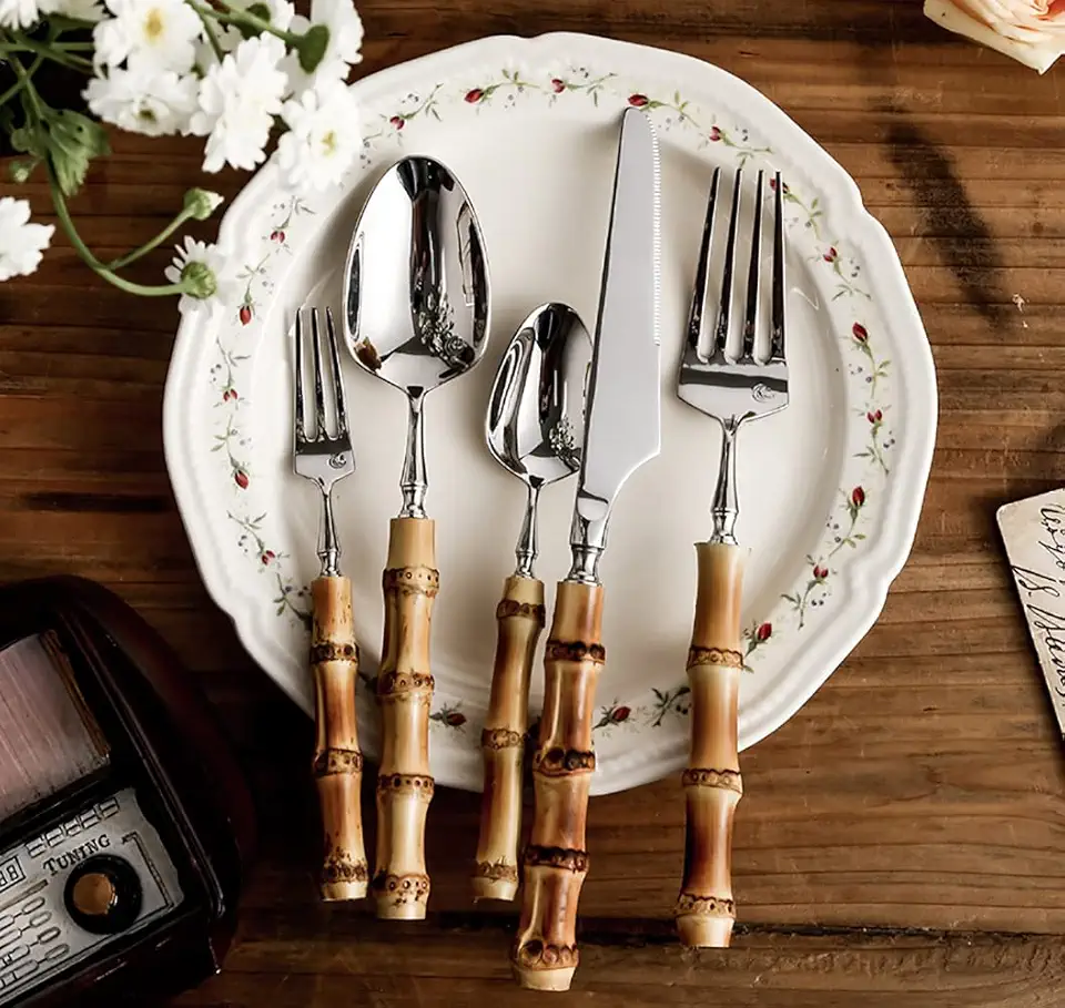 Bamboo Silverware set for 16, Gorgeous Natural Bamboo Utensils Set 80 Piece 18/10 Stainless Steel Flatware Cutlery Set, Great for Outdoor Daily Use Party, Silver Head with Bamboo Handle Reusable