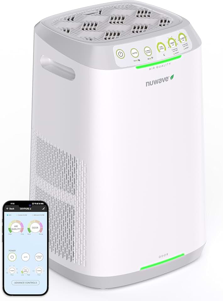 Nuwave OxyPure ZERO Air Purifiers for Home Large Room Bedroom Up to 966ft², 20Yr Washable Bio Guard Filter, Air Quality and Odor Sensor, Smart WiFi, 17dB, 100% Removes Particles 3x Smaller Than HEPA