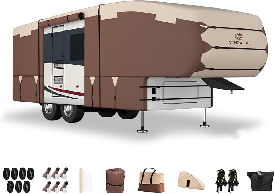 5th Wheel Cover: 300D Oxford Fabric Two Color Design, Fits 31'-34' RV Heavy Duty 5th Wheel RV Cover Anti-UV Waterproof Windproof, with Gutter Cover & 2 Pcs Extra Straps