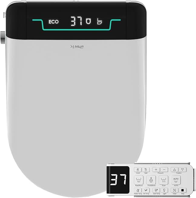 MEJE #001U-Electronic Bidet Seat for Elongated Toilets with Remote Control, Temperature Display Heated Toilet Seat,Auto Open and Close,Warm Air Dryer and Temp Controlled Wash Functions (White)