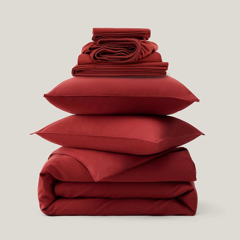 Double Stitch Cotton Tencel Duvet Cover Set and Cotton Tencel Sheet Set, Queen, 1 Duvet Cover, 2 Shams, 1 Fitted Sheet, 1 Flat Sheet, 2 Pillowcases, Ochre Red