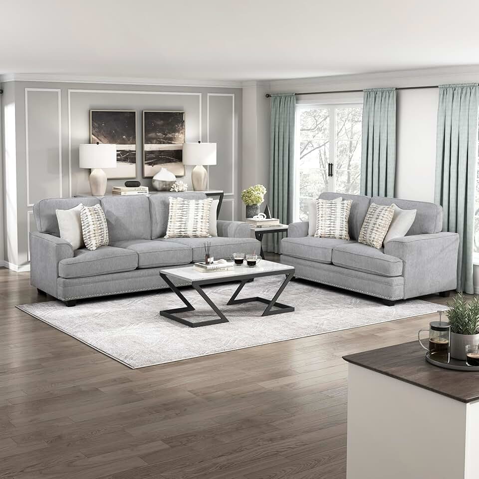 Lexicon Couches for Living Room, 2-Piece Couch Set Including Sofa, Loveseat, Modern Living Room Furniture Set,with Chenille Fabric Upholstered, Grey