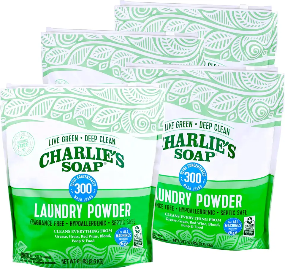 Charlie’s Soap Hypoallergenic Laundry Detergent Powder 8lb Bag, Pack of 4 (1200 Loads Total) Fragrance Free Plant Based Deep Cleaning – Biodegradable Eco Friendly Sustainable