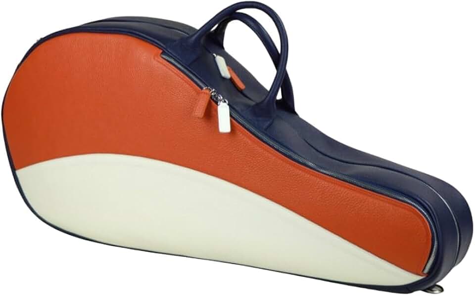 Modern Leather Tennis Bag for 2 Rackets | Handmade to Order in Italy | Soft Pebble-Grain Waterproof Leather | Racquets Elegant Bag Luxury Sports Handbag (Orange/White/Blue)
