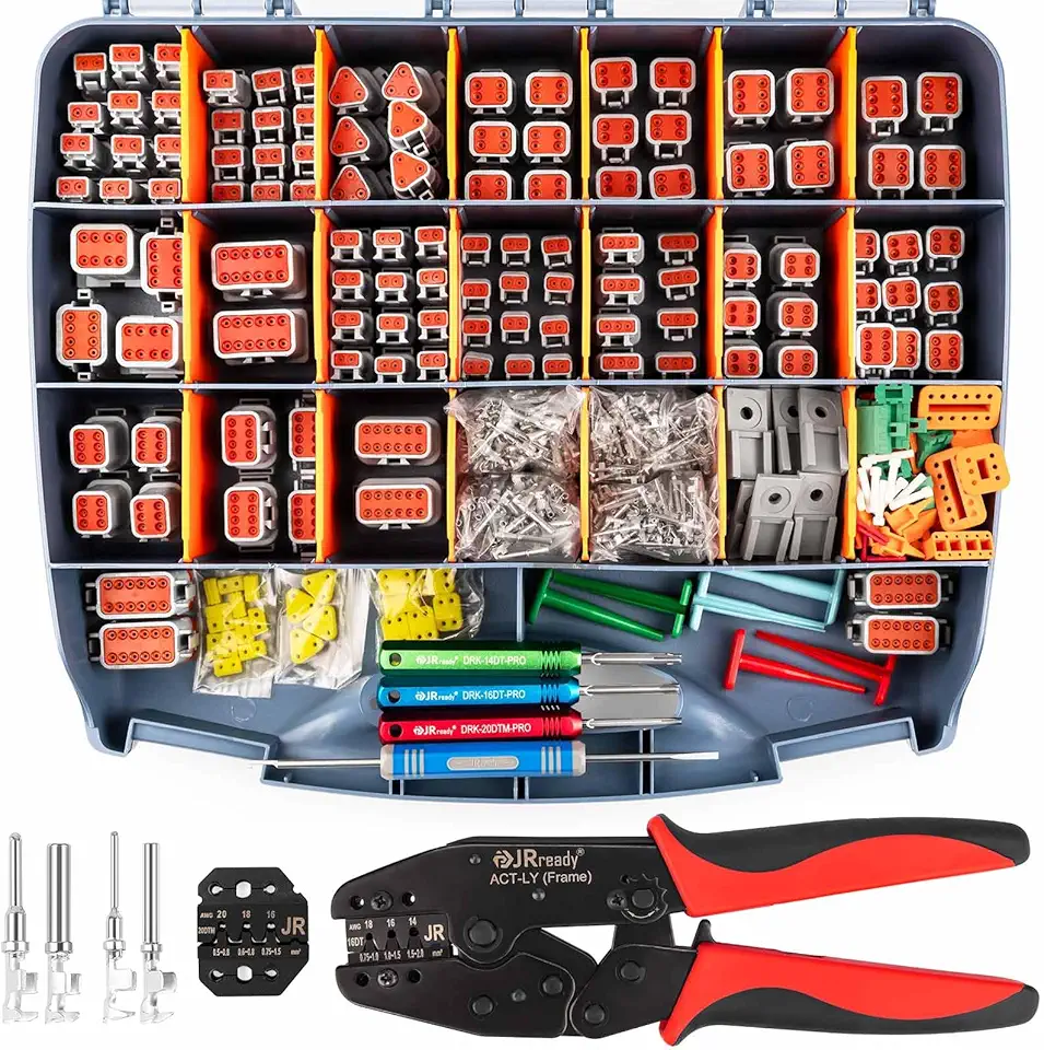 JRready ST6436 Deutsch Connector Kit DT DTM 2 3 4 6 8 12 Pin Connectors with ACT-LY Open Barrel Crimping Tool, Size 16 20 Stamped Contacts Wire Gauge 14-22AWG, 14AWG Yellow Seals and Removal Tools