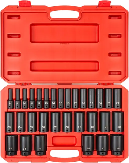 TEKTON 1/2 Inch Drive Deep 6-Point Impact Socket Set, 31-Piece (8-38 mm) | SID92335