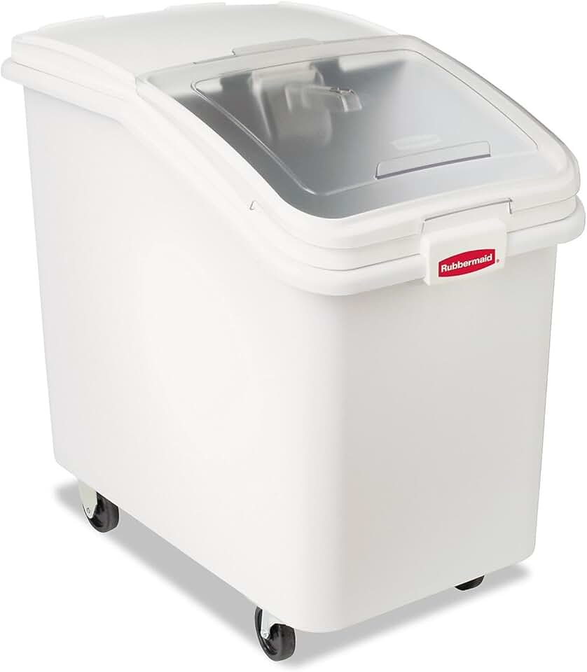Rubbermaid Commercial Products ProSave Shelf-Storage Ingredient Bin With Scoop, 600-Cup capacity, Plastic, White, Sliding Lid, Container with Wheels for Kitchen/Restaurant Food Organization