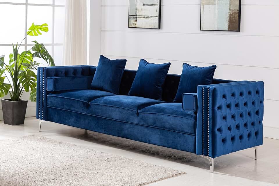 Legend Vansen Velvet Chesterfield Sofa Couch，Modern L-Shape Comfy Couches,3-Seat Tufted Back Nailhead Trim Cloud Couch with Square Arms Upholstered Small Sofa for Bedroom, Living Room, Home Office