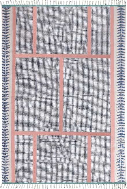 Kilim Rug 8 Square Area Rug Washable Throw Rug Blue Pink Cotton Area Rug Boho Rug Flatweave Rugs for Large Bedroom Square Dining Table Hall Room Patio Doormat