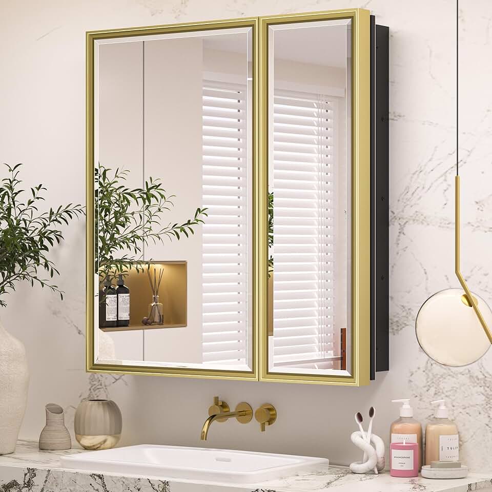 Keonjinn 30 x 32 Inch Gold Bathroom Medicine Cabinets with Mirror Aluminum Alloy Frame with Beveled Edges Recessed or Surface Wall-Mounted Metal Framed 2 Doors Medicine Cabinet for Bathroom Vanity