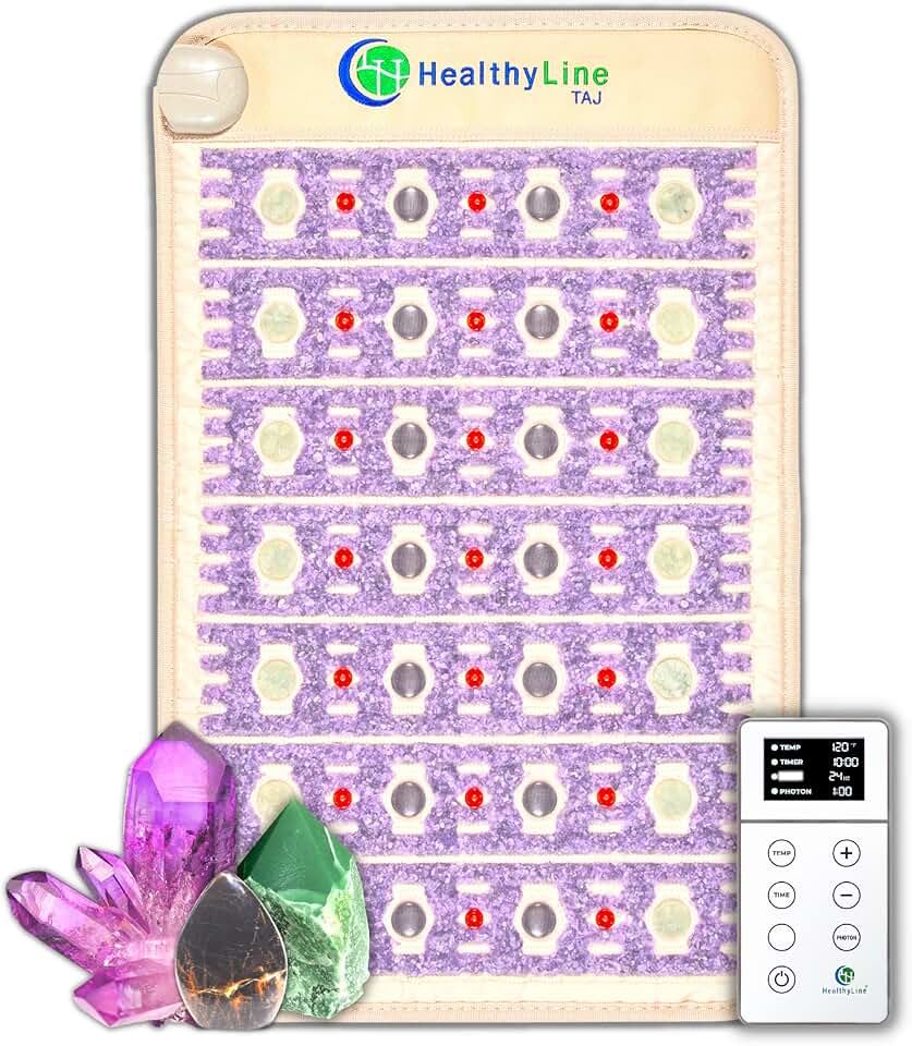 HealthyLine TAJ Far Infrared Heating Pad - Small Natural Crystal Gemstones Mat - Electric Auto Shut Off - Rejuvenating Negative Ions and Photon Lights - 32