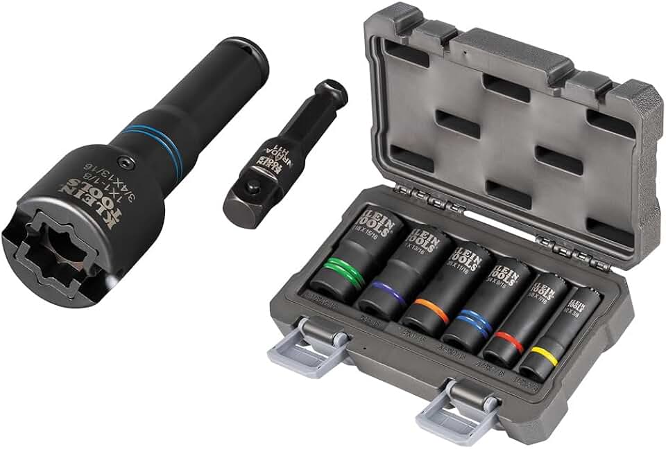 Klein Tools 660KIT2 1/2-Inch Drive Impact Socket Set with 6-in-1 Impact Socket and 6 Slotted Sockets, for Linemen and Utility Work, 8-Piece