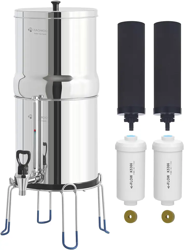 Gravity-Fed Water Filter System, 3.25G Stainless-Steel Countertop System with 2 Black NSF/ANSI 42 Certification Elements, 2 Fluoride, Metal Water Level Spigot, Reduces Fluoride and Chlorine