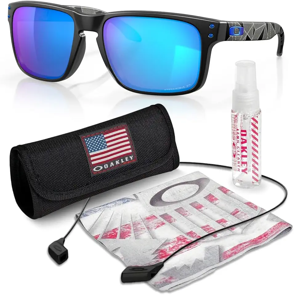 Oakley OO9102 HOLBROOK Square Sunglasses for Men - High Bridge Fit - USA Flag Cleaning Kit and Leash - PREMIUM BUNDLE