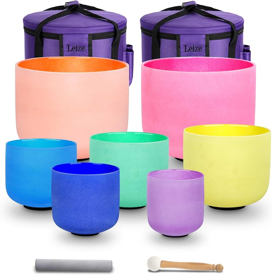 Leize Chakra Tuned 432hz Set of 7 Color Quartz Crystal Singing Bowls 6-12 inch with Heavy Duty Carrying Cases and Singing Bowl Mallets