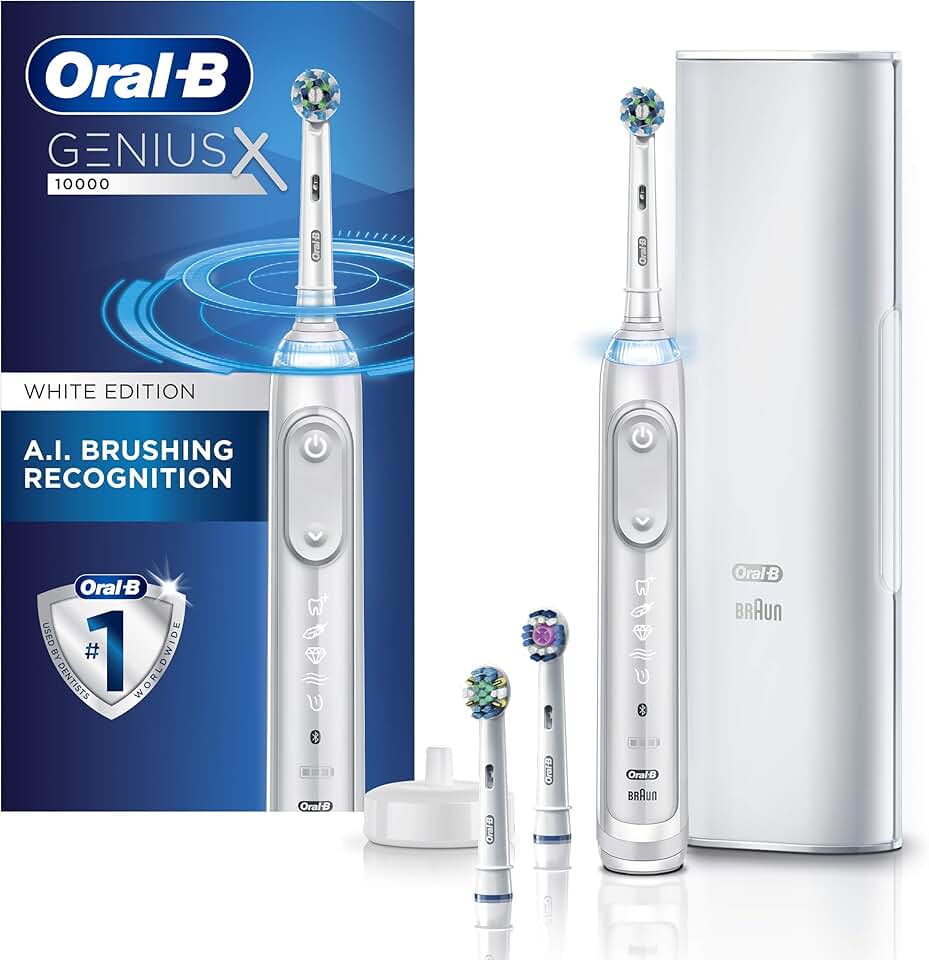 Oral-B GENIUS X Electric Toothbrush with 3 Oral-B Replacement Brush Heads and Toothbrush Case, White (Packaging May Vary)