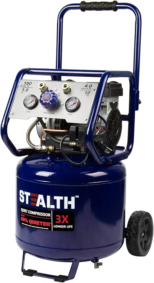 Stealth 12 Gallon Ultra Quiet Air Compressor, 1.5 HP Oil-Free Peak 150 PSI 68 Decibel Air Compressor,5 CFM @ 40 PSI 4 CFM @ 90 PSI Silent Portable Long Life Electric Air Compressor W/Wheel for Garage