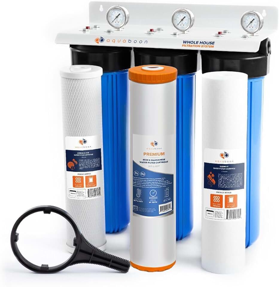 Aquaboon 3-Stage Water Filter System for Well Water w/ 20x4.5 CTO, Iron & Manganese, Sediment Filters, Pressure Gauges & Release, Wrench, Iron Bracket