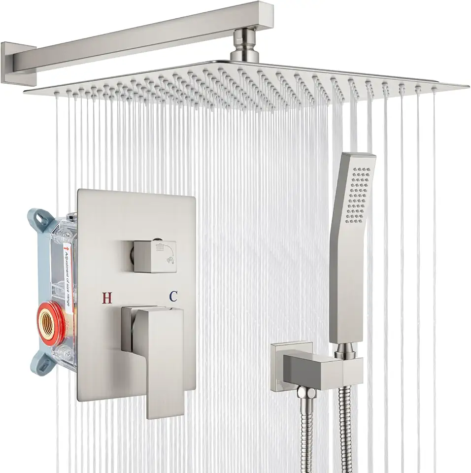 gotonovo Rainfall Bathroom Shower System Rain Shower Head and Handle Set Wall Mounted Shower Complete Combo Solid Brass Pressure Balancing Shower Mixer Valve 16 Inch Brushed Nickel