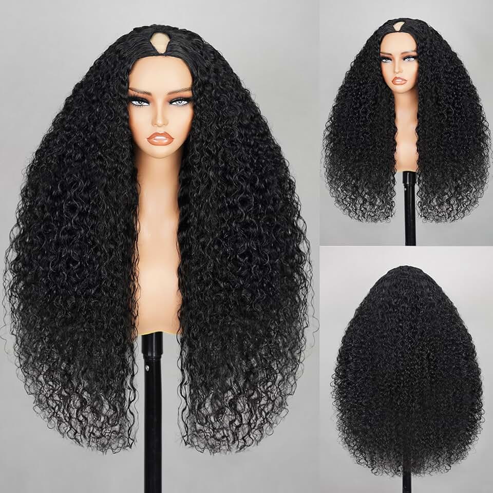 MEGALOOK V Part Wig Human Hair 200% Density Half Wigs For Women 12A Deep Curly Wig Human Hair Glueless U Part Human Hair Wig Beginner Friendly No Leave Out No Saw In 28 Inch
