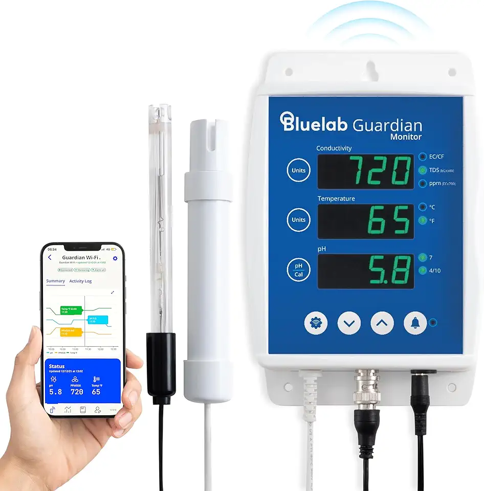 Bluelab Guardian Monitor Wi-Fi for Real-time pH, Temperature, and Conductivity (TDS) Measurements in Water with Calibration, 3 in 1 Digital Nutrient Meter for Hydroponic Systems and Indoor Plant Grow