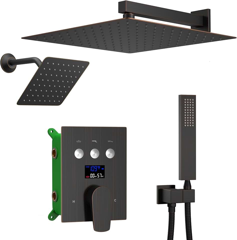 Oil Rubbed Bronze Shower System Temperature Display Shower Faucet with 12 & 8 inch Ultra Thin Wall Mount Dual Shower Head Set, Handheld Spray, Shower Fixtures Functions Can All Run Together