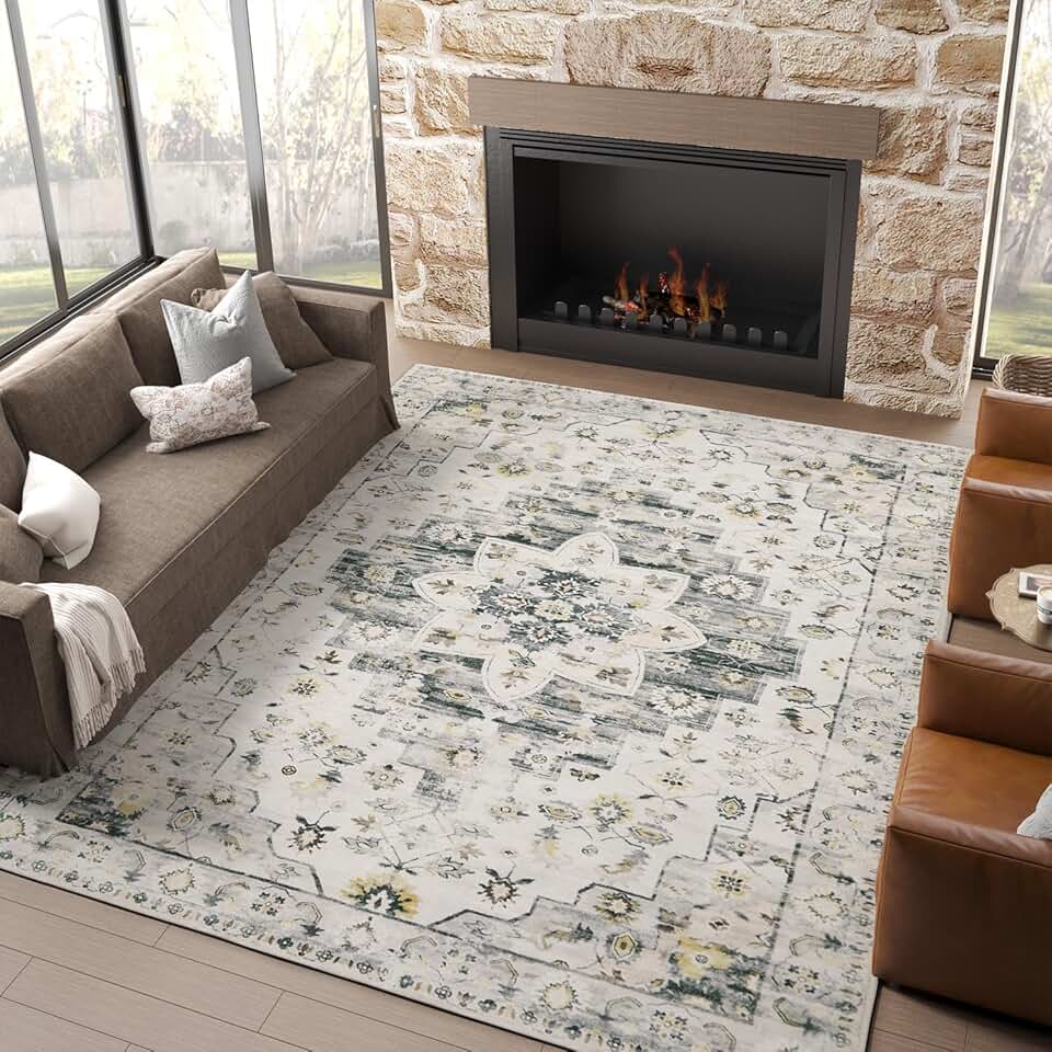 jinchan Area Rug 9x12 Washable Rug Vintage Rug Indoor Floor Print Distressed Carpet Grey Multi Large Accent Rug Lightweight Kitchen Living Room Bedroom Dining Room