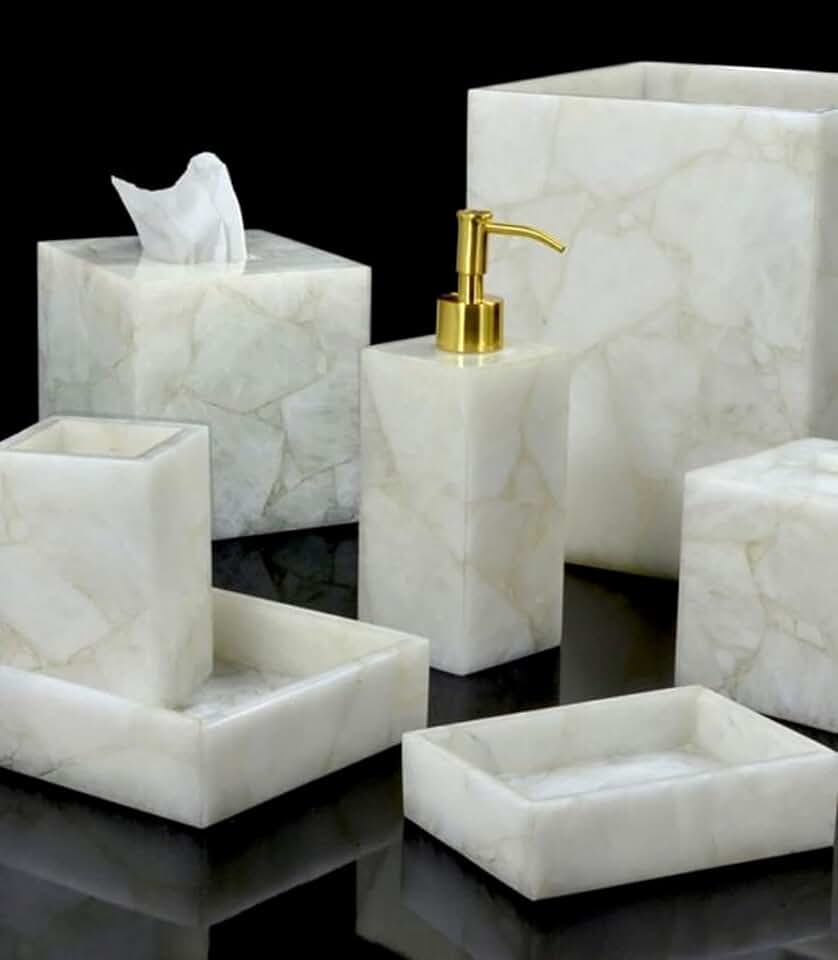 7 Pcs. White Agate Bathroom Set, Agate Soap Dispenser, Agate Soap Dish, Agate Vanity Tray, Agate Box, Brush Holder, Canister, Tissue Box