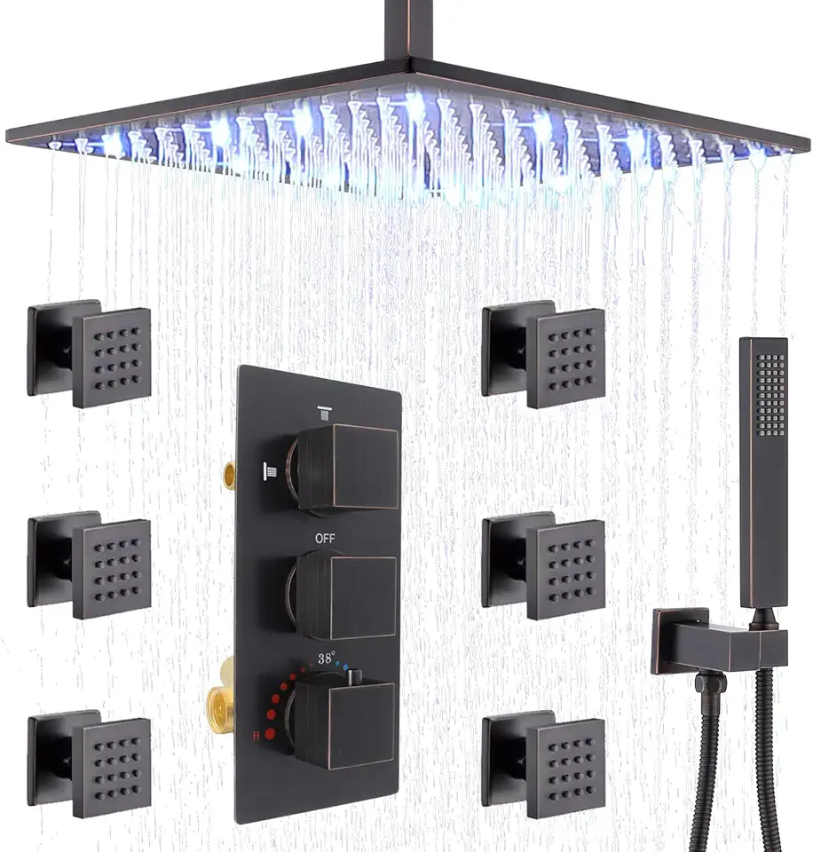 HOMEDEC 16inch LED Rain Shower Fixtures Thermostatic Multiple Shower Head System with Body Jets, Oil Rubbed Bronze Ceiling Mounted Brass Shower Faucet Combo Set with Mixer Valve and Handheld