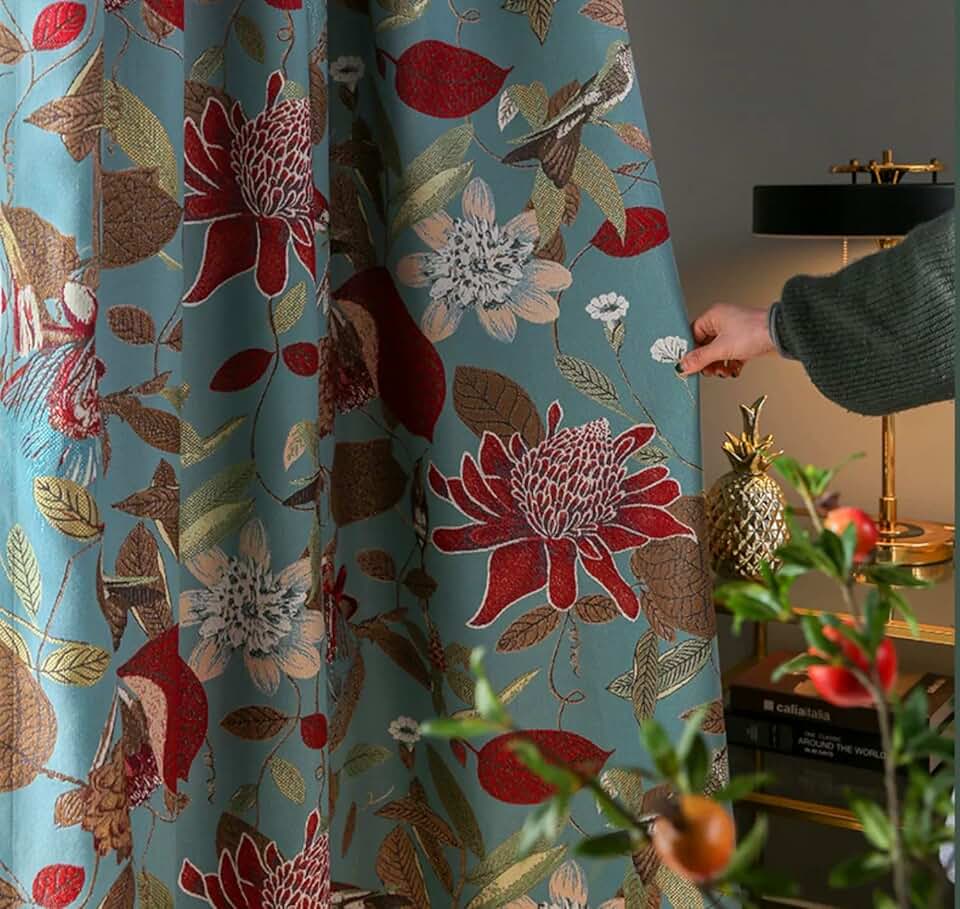 Floral Farmhouse Curtains for Patio Sliding Door, Room Darkening Thermal Insulated Curtains for Bedroom Living Room Curtains 63 inches Long, Jacquard Window Curtains (Pinch Pleated, 63