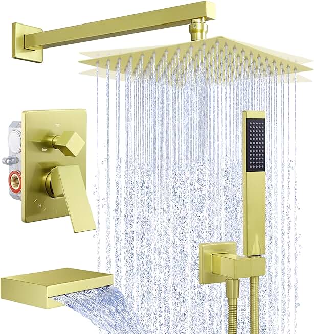 KES Bath Shower Faucet Set Tub and Shower Faucet Set Rain Shower Head with Handheld Shower System Pressure Balance Brushed Gold, XB6305F18-BZ