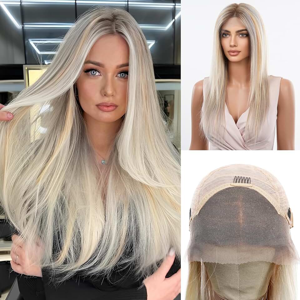 DWY Lace Front Wigs Human Hair 13x4 HD Lace Long Straight Ombre Blonde Wig for Women 16 Inch Free Part Platinum Blonde Wig Mixed Silver Yellow Blonde Natural Lace Frontal Wig